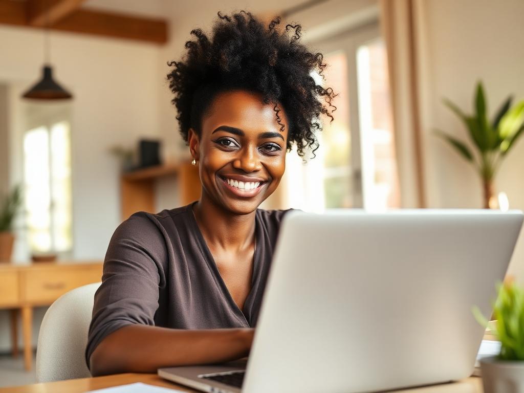 Entrepreneuse souriante utilisant Routine Post sur son ordinateur